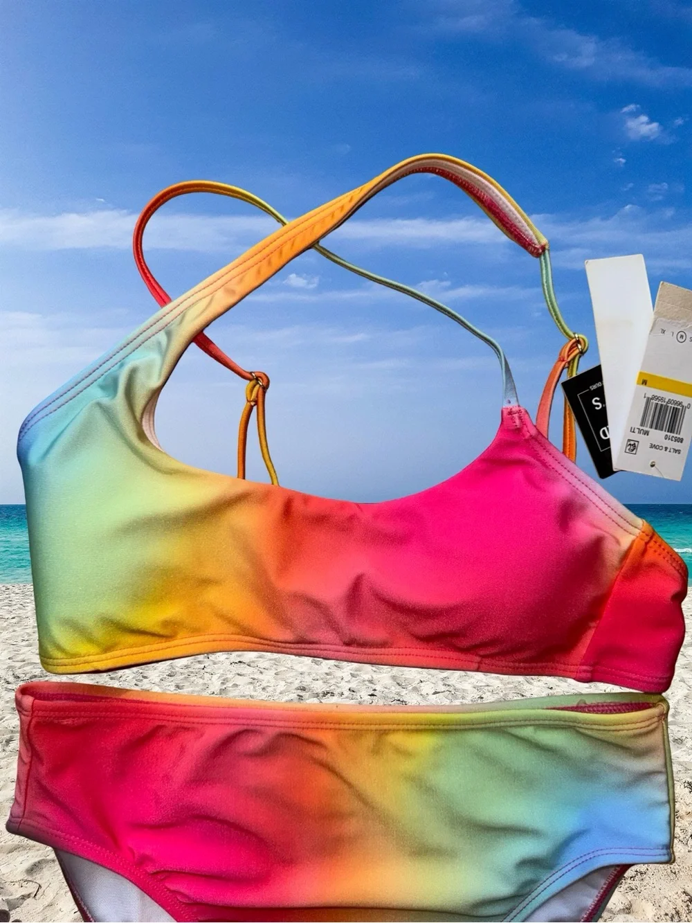 NEW Salt + Cove 2 piece bikini Set Rainbow Ombre with Crisscross Straps - Size M